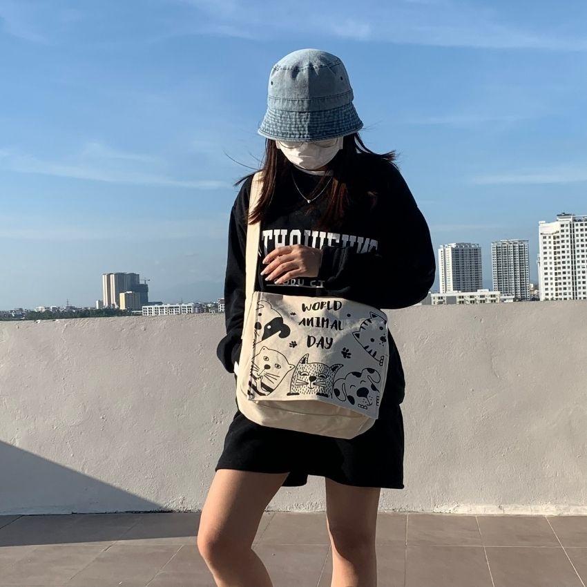 Túi tote SUNIAN vải đeo chéo canvas unisex cao cấp đựng vừa khổ a4 đi học đi chơi Hàn Quốc Hiếu Túi HT208