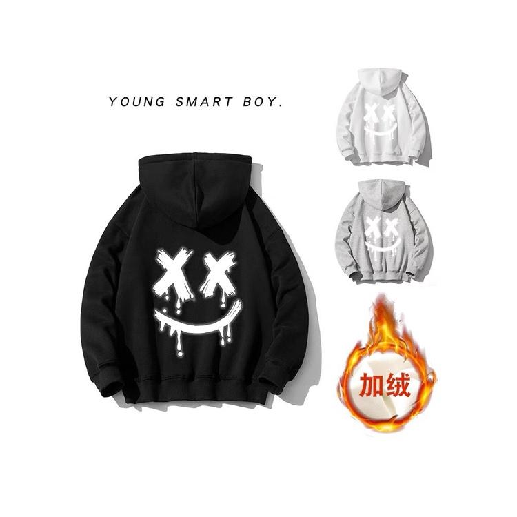 Áo hoodie mặt cười phản quang chất vải cotton thông hơi