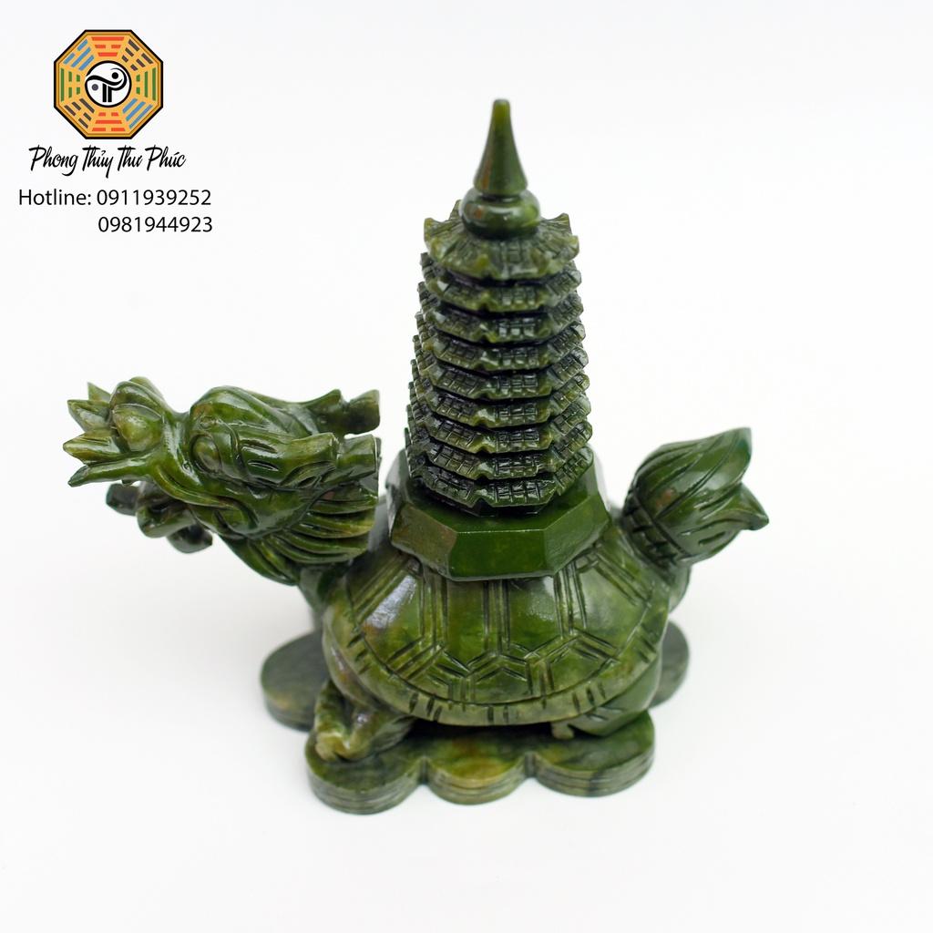 Tượng Long Quy cõng tháp văn xương 9 tầng , đá sarphentine  màu xanh,Kích thước cao 18 x 17 x 10 cm, nặng 1,3kg