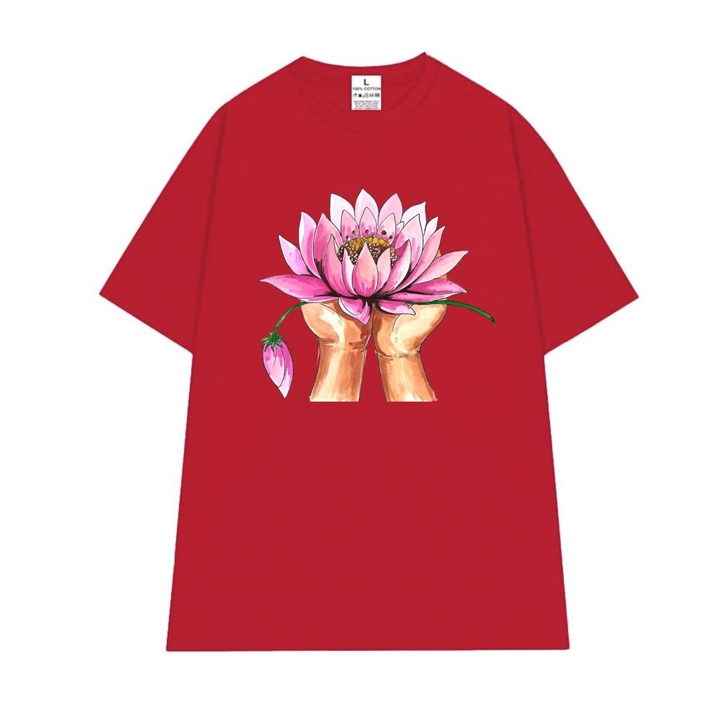 Cao cấp - Áo thun oversize hình vẽ màu nước đôi tay dâng hoa Sen lotus shirt BND553