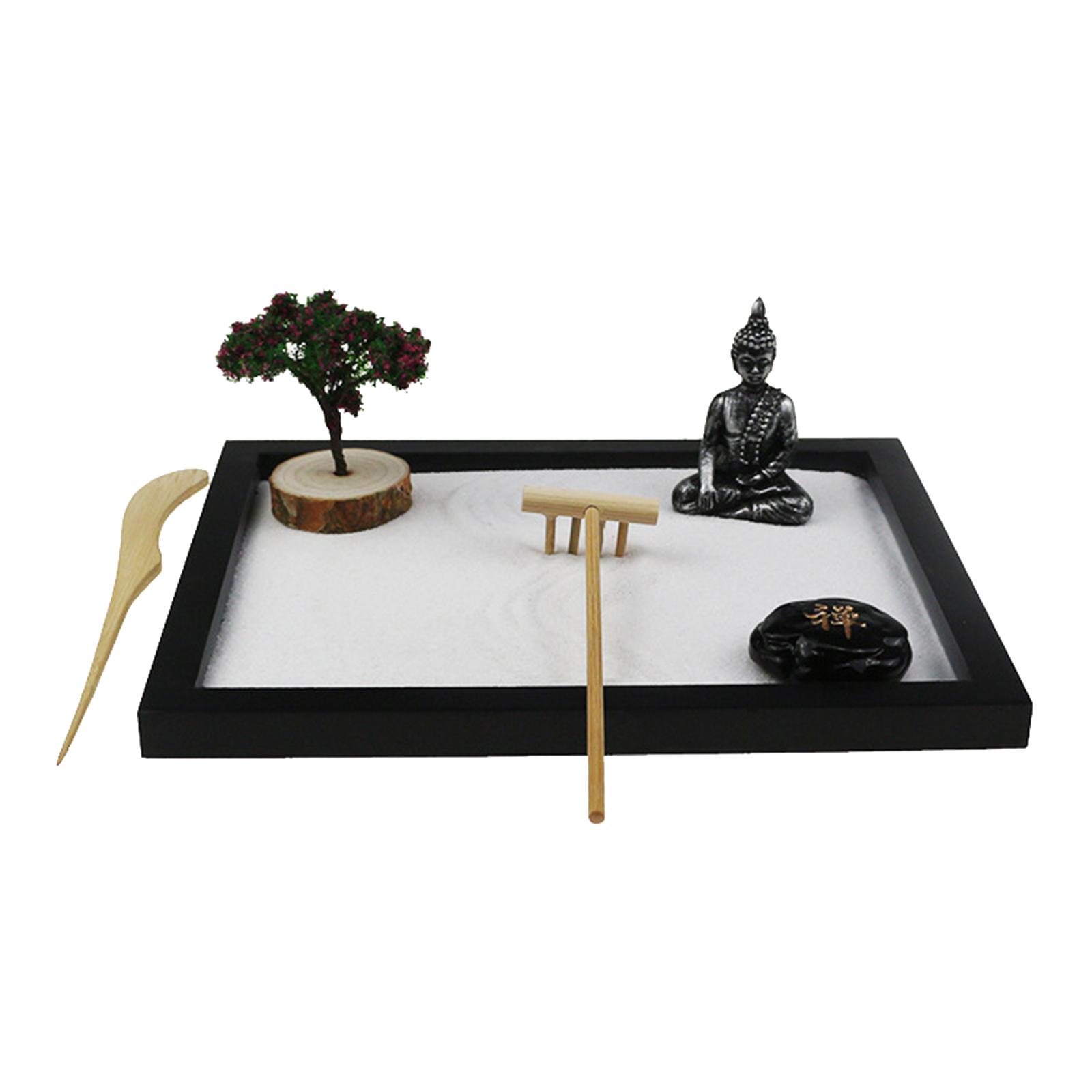Mini Zen Garden Stone Rake Rocks Tree Buddha Statues Stress Relief Home