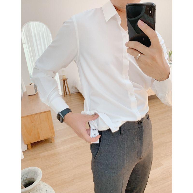 Áo sơ mi nam trơn dài tay, áo sơ mi trắng gấp hộp công sở chất liệu cotton mịn cao cấp