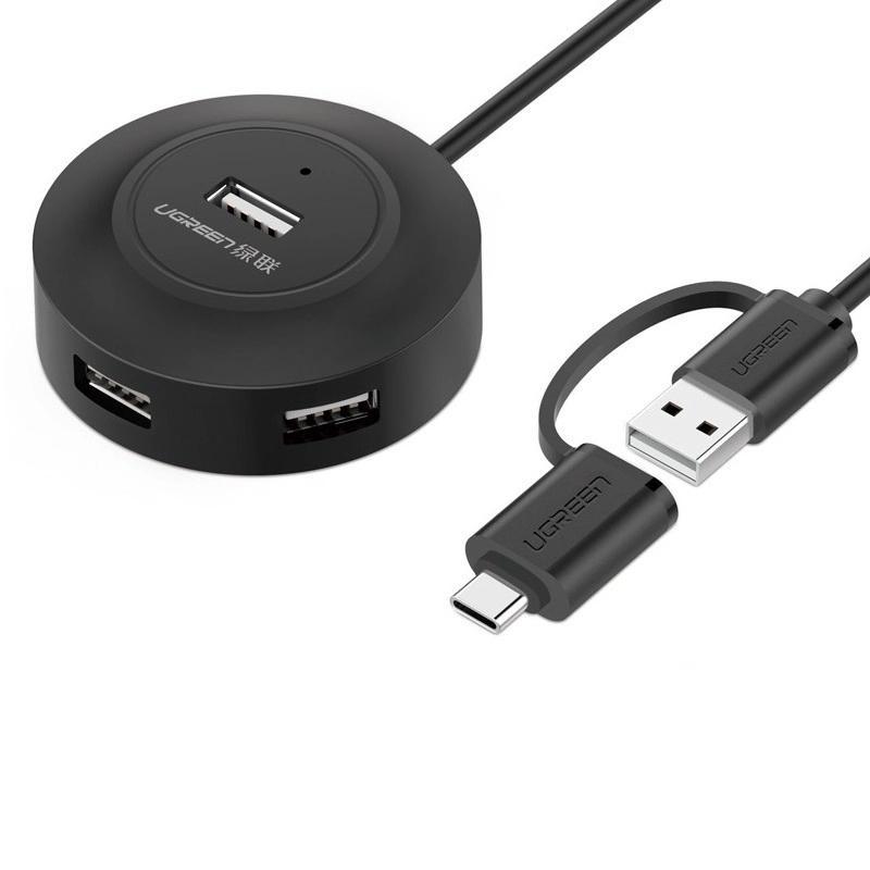 Ugreen UG40962CR106TK 0.5M Màu Đen Bộ chuyển đổi TYPE C sang 4 USB 2.0 + nguồn MICRO USB hỗ trợ OTG TYPE C - HÀNG CHÍNH HÃNG