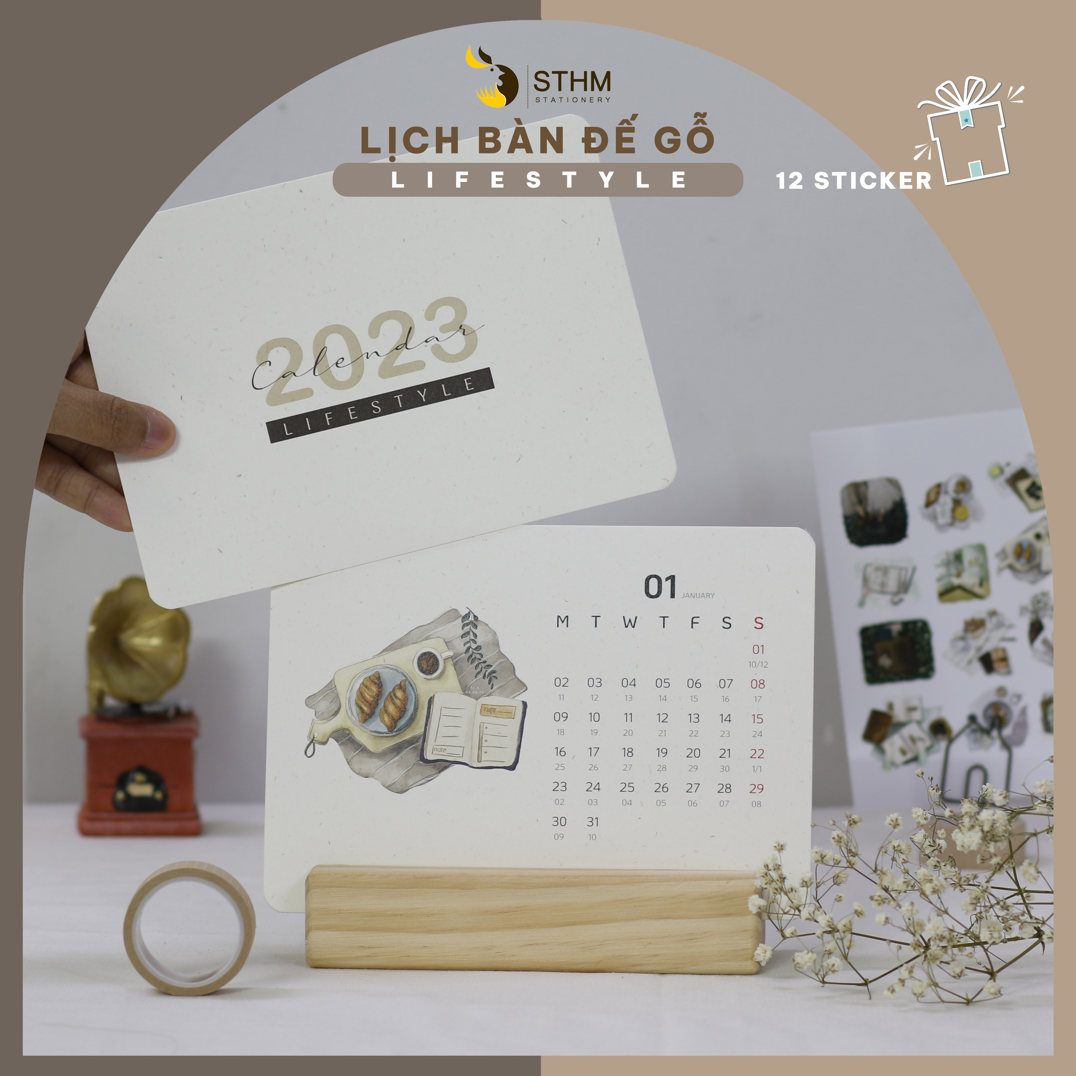 [STHM stationery] - Lịch bàn đế gỗ 2023 - Lifestyle - Tặng 12 sticker - Giấy mỹ thuật 220gsm - Có lịch âm dương