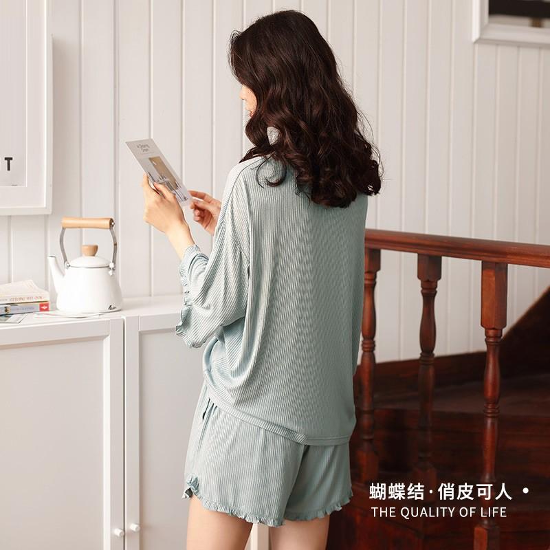 Bộ mặc nhà thun gân tăm tay lỡ viền bèo