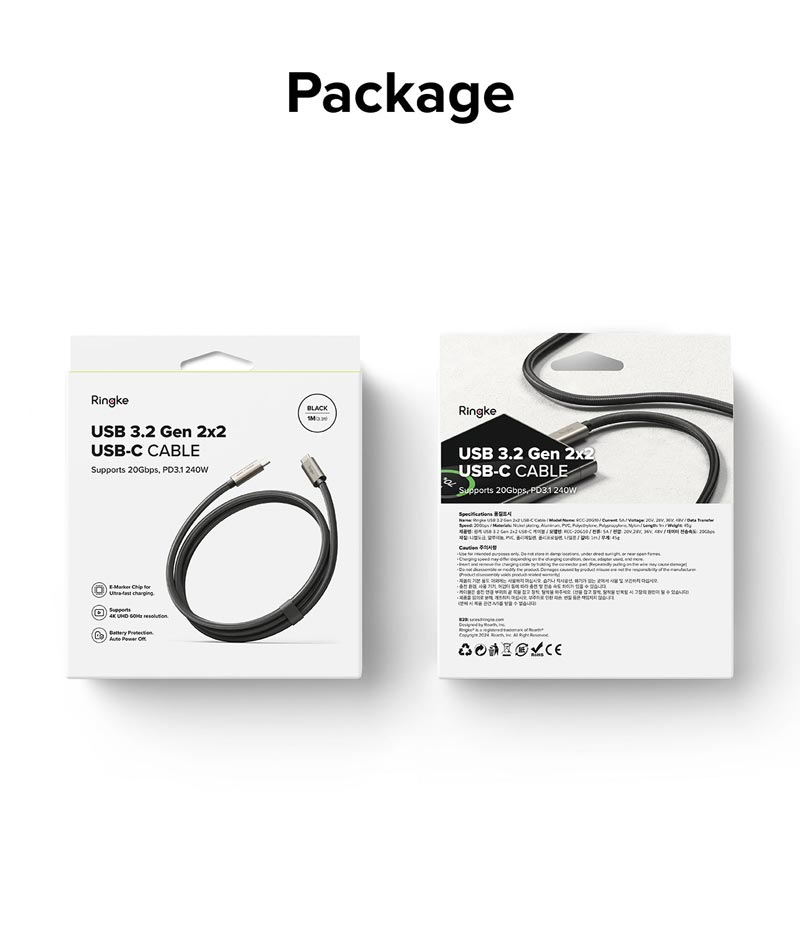 Cáp sạc nhanh 240W cho điện thoại/laptop/tablet RINGKE USB-3.2 Gen 2X2 USB-C Cable - Hàng Chính Hãng