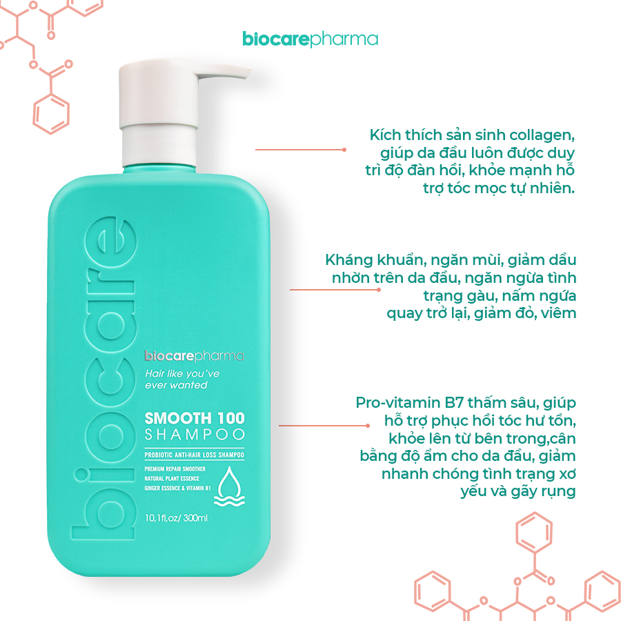 Dầu gội siêu phục hồi khô xơ, ngăn gàu và ngăn ngừa rụng tóc Smooth 100 shampoo - Không silicon, sunfat - Biocarepharma - 300ml.