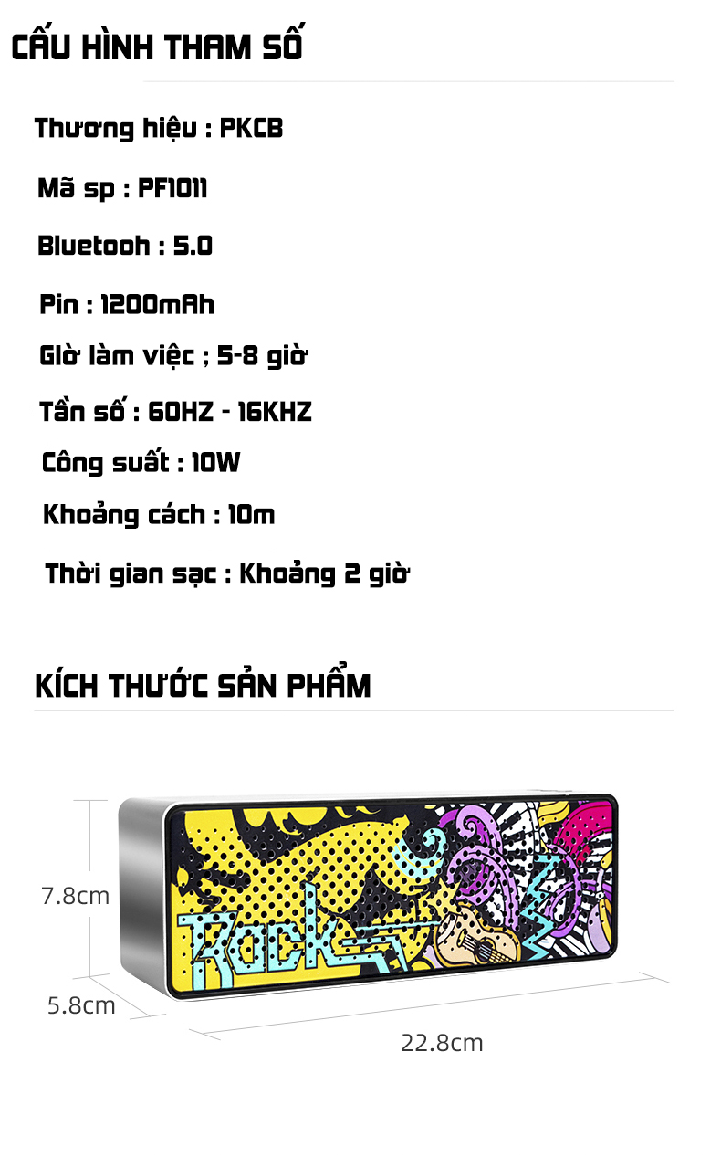 Loa nghe nhạc bluetooth nghệ thuật graffiti cộng suất lớn 10W có âm pass 2 loa kép khuếch đại âm thanh PKCB PF1011 - Hàng chính hãng