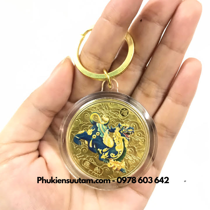 Móc Khóa Xu Tỳ Hưu Mạ Vàng In Màu, đường kính: 5cm, màu vàng - SP005939