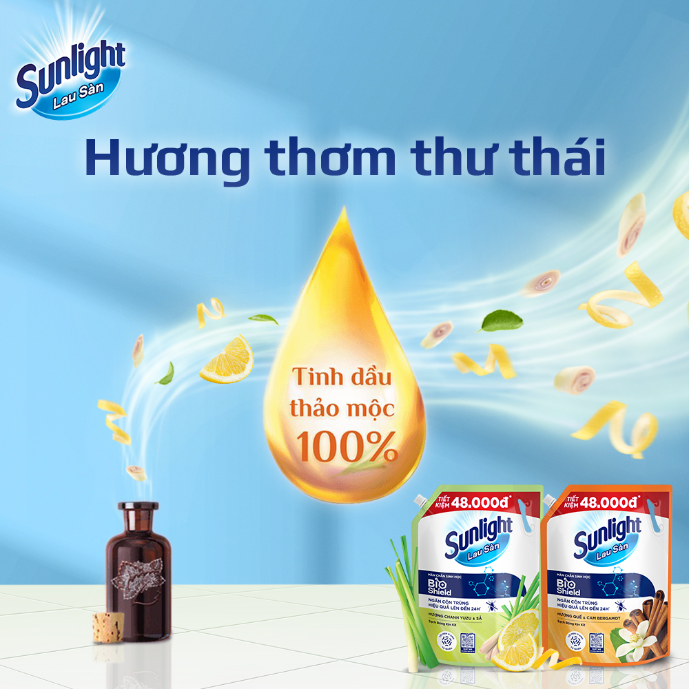 Nước Lau Sàn Sunlight BIOSHIELD Ngăn Côn Trùng Hiệu Quả Hương Chanh Yuzu &amp; Sả Túi 3.4KG