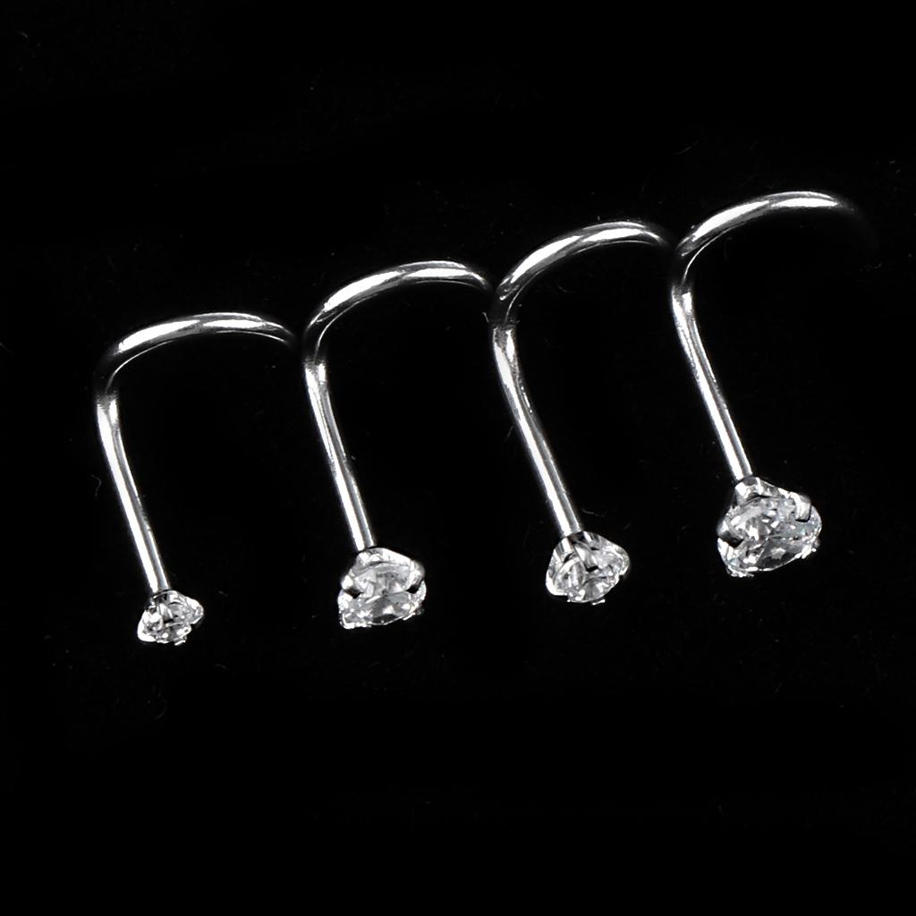 4pcs Assorted 1.5-3mm CZ Screw Bend Shape Nose Ear Eyebrow Piercing 20G