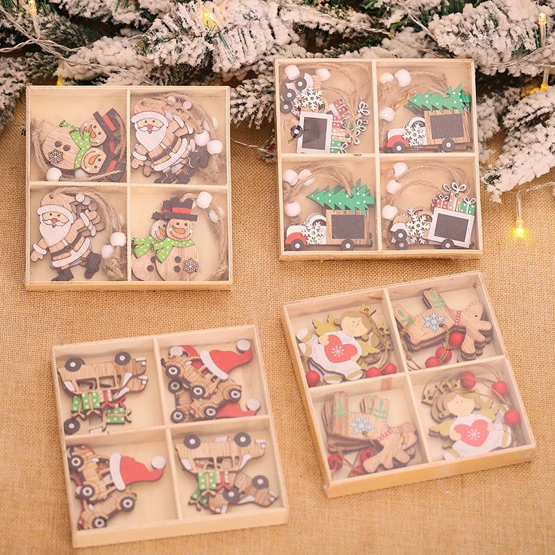 Hộp 12 phụ kiện trang trí bằng gỗ hình hoạt hình Giáng Sinh