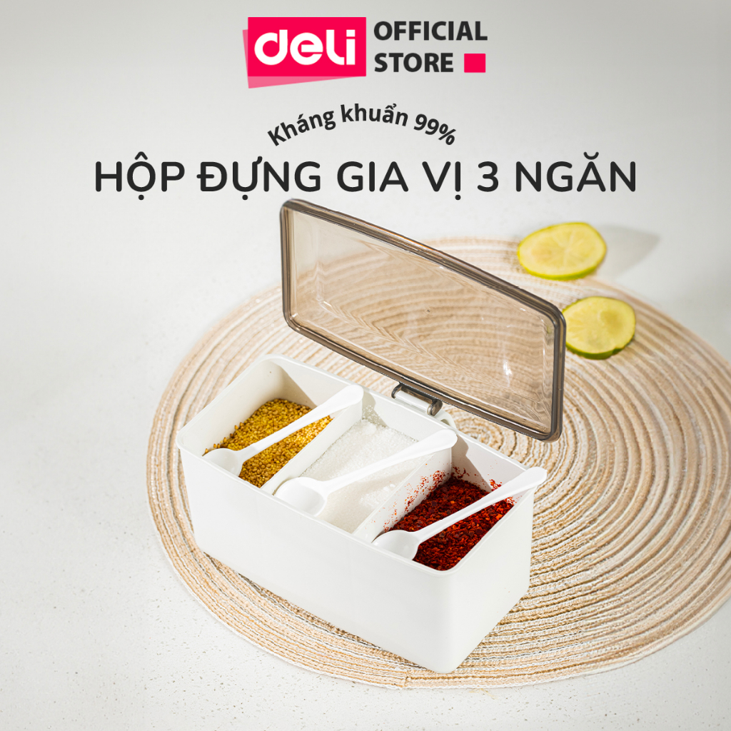 Hũ Đựng Gia Vị 3 Ngăn Nhựa Kèm Thìa Kháng Khuẩn Deli - Lọ Đựng Gia Vị Đa Năng Cho Phòng Bảo Quản Gia Vị Chống Ẩm Chống Nấm MốcBếp Sắp Xếp Nhà Bếp