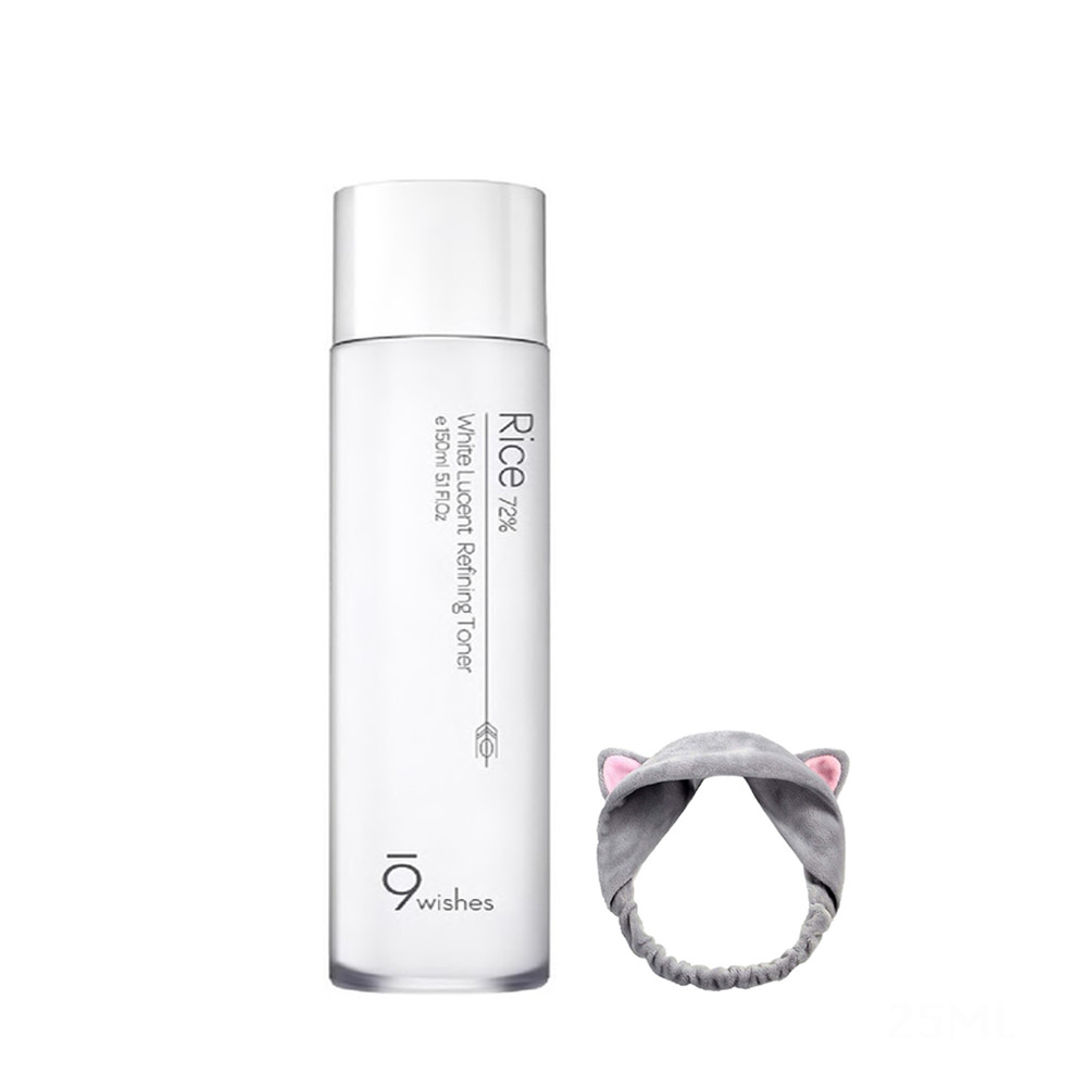 Nước Hoa Hồng Dưỡng Ẩm, Cân Bằng và Dưỡng Trắng Da 9 Wishes Rice 72% White Lucent Refining Toner 150ml + tặng kèm 1 băng đô tai mèo xinh xắn ( màu ngẫu nhiên)