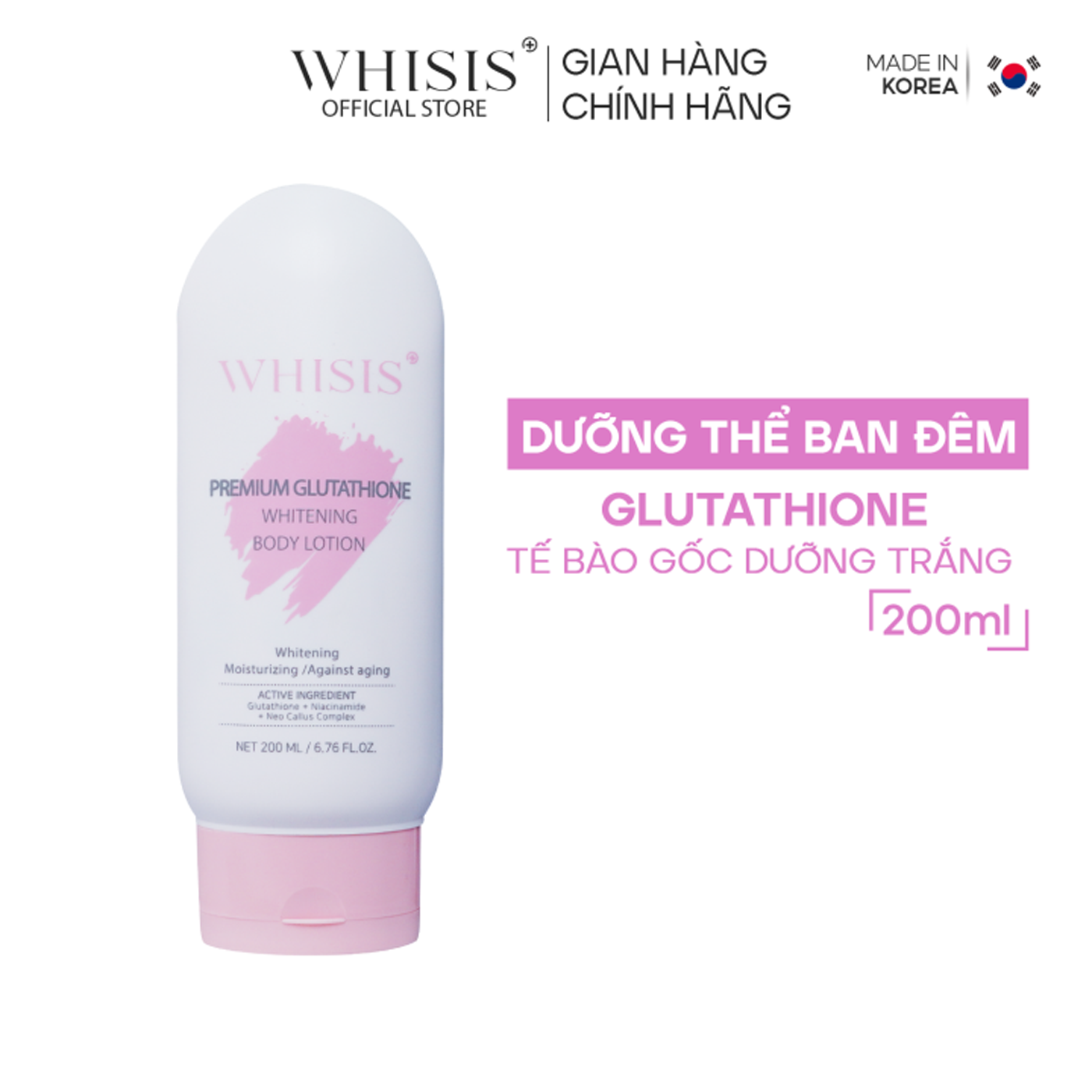 Sữa Dưỡng Thể Ban Đêm Kích Trắng Tế Bào Gốc Whisis Premium Glutathione Whitening Body Lotion 200ml