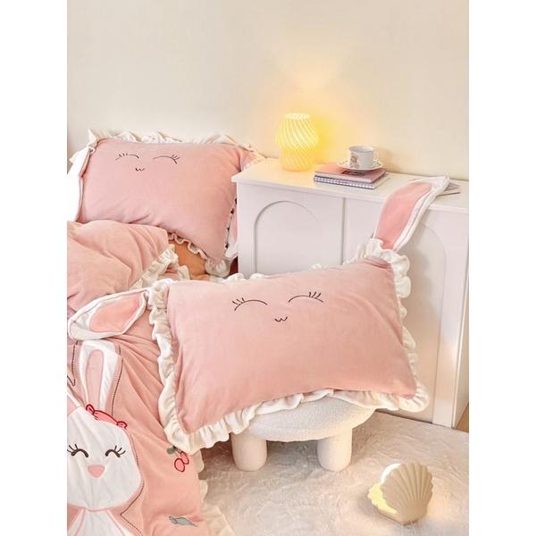 Bộ Chăn Ga Gối Nỉ Nhung Thỏ Hồng Hàng Nhập Khẩu Cao Cấp 5 Món