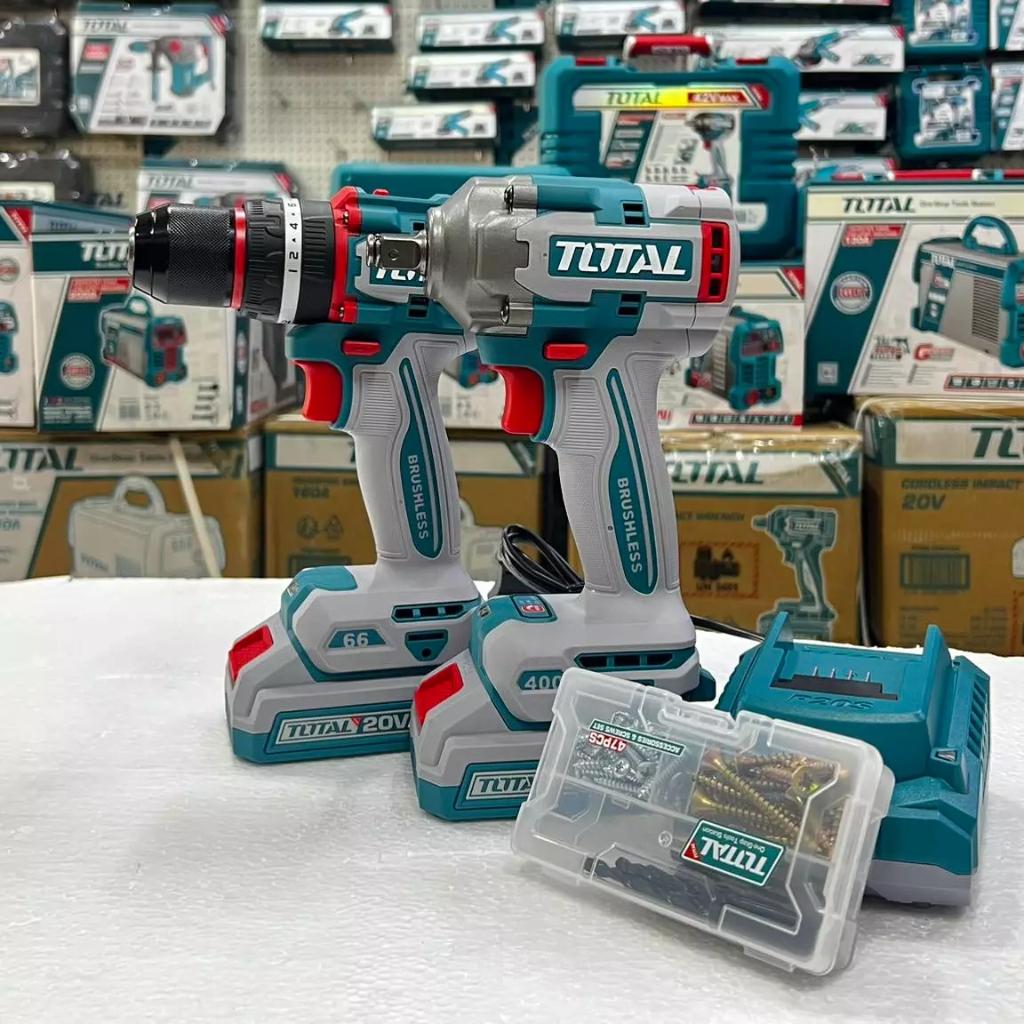 BỘ COMBO MÁY KHOAN BÚA TIDLI20668 1 &amp; MÁY SIẾT BULOONG TIWLI2040 1 KHÔNG CHỔI THAN DÙNG PIN 20V TOTAL TCKLI20275 - HÀNG CHÍNH HÃNG