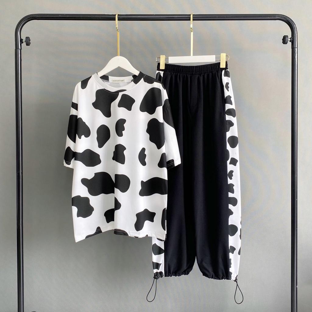 Quần dài ống rộng SIB Clothing rút ống hoạ tiết bò sữa SIB005