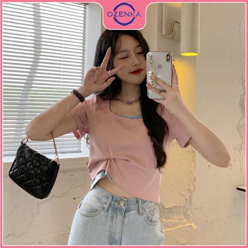 Áo croptop cổ vuông tay ngắn nữ ôm body cải màu xinh xắn chất thun gân cotton 100% nhiều màu một size dưới 50 kg