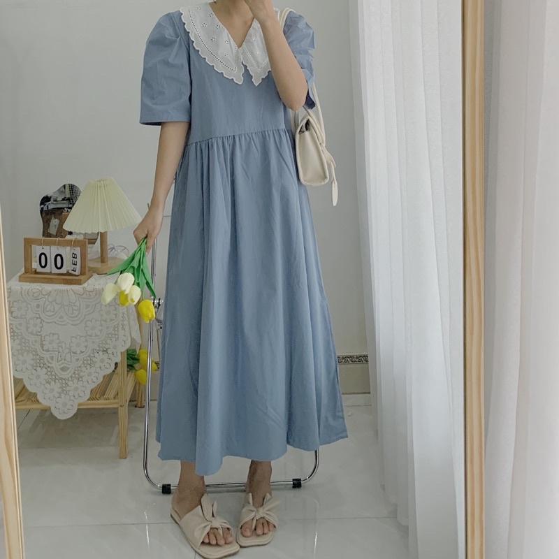 Đầm babydoll dài cổ ren trắng / xanh