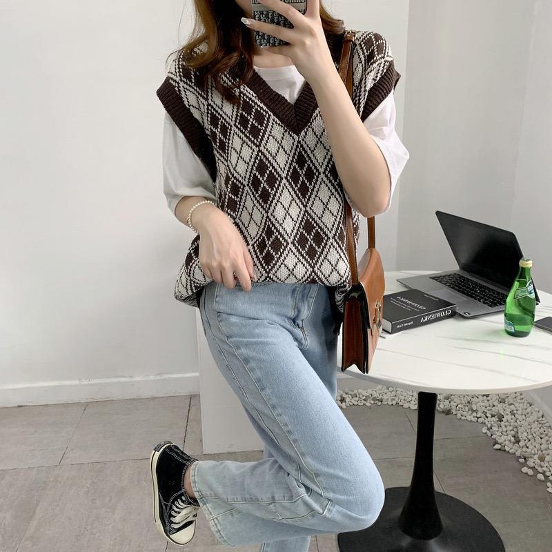 MS790 Áo gile len nữ cổ tim hoạ tiết trám Hàn quốc
