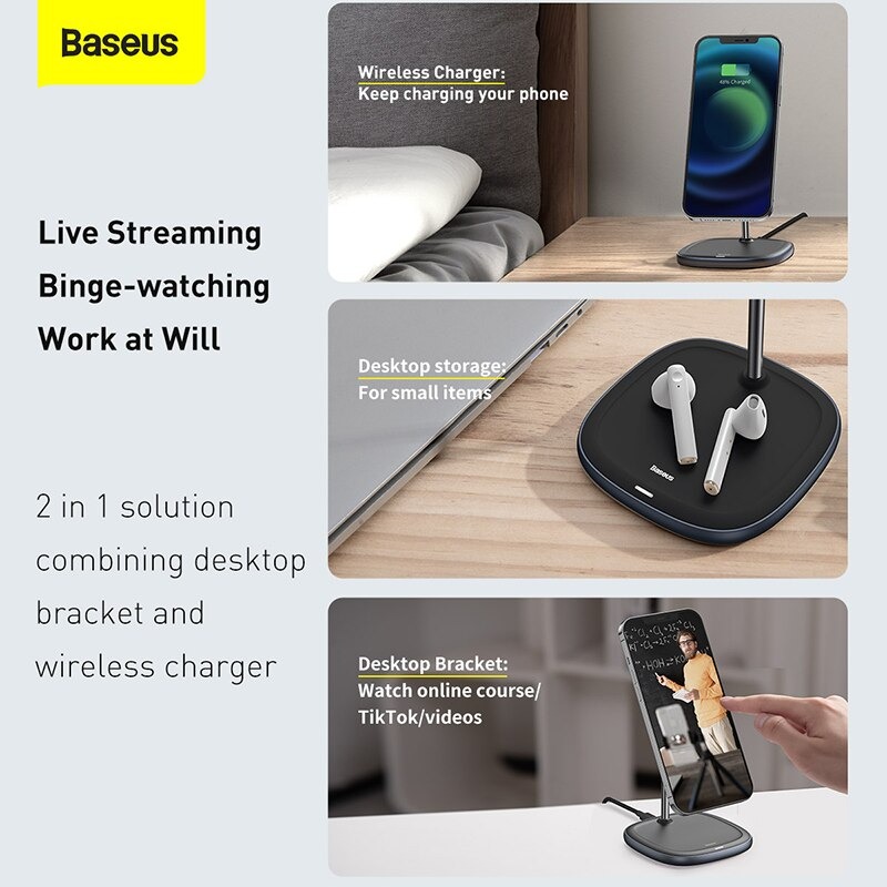 Đế giữ điện thoại tích hợp sạc nhanh không dây Baseus Swan Magnetic Desktop Bracket Wireless Charger cho iPhone 12 series -Hàng Chính Hãng