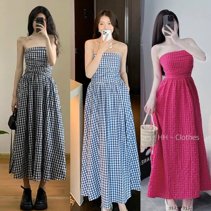 ĐẦM ỐNG MAXI DÀI ĐI BIỂN SUÔNG LƯNG THUN CARO XANH XẾP LY XÒE MIDI DẠO PHỐ DỰ TIỆC