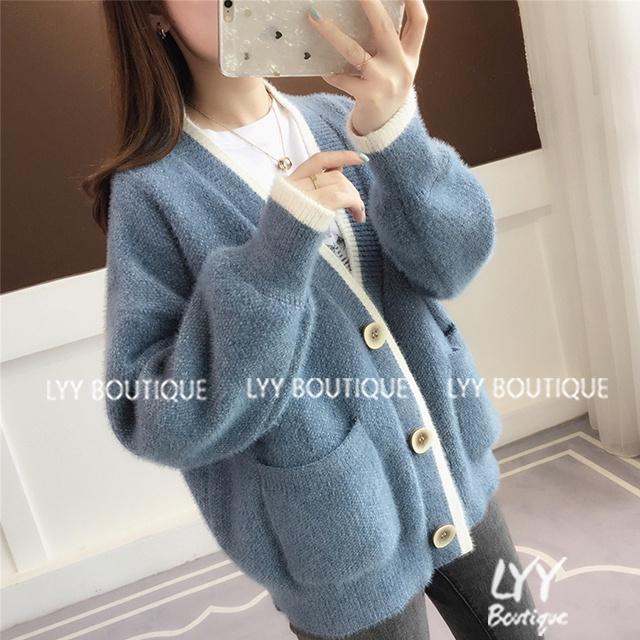 Áo cardigan nữ len lông thỏ dầy mịn trơn phối viền 2 túi trước 3 màu