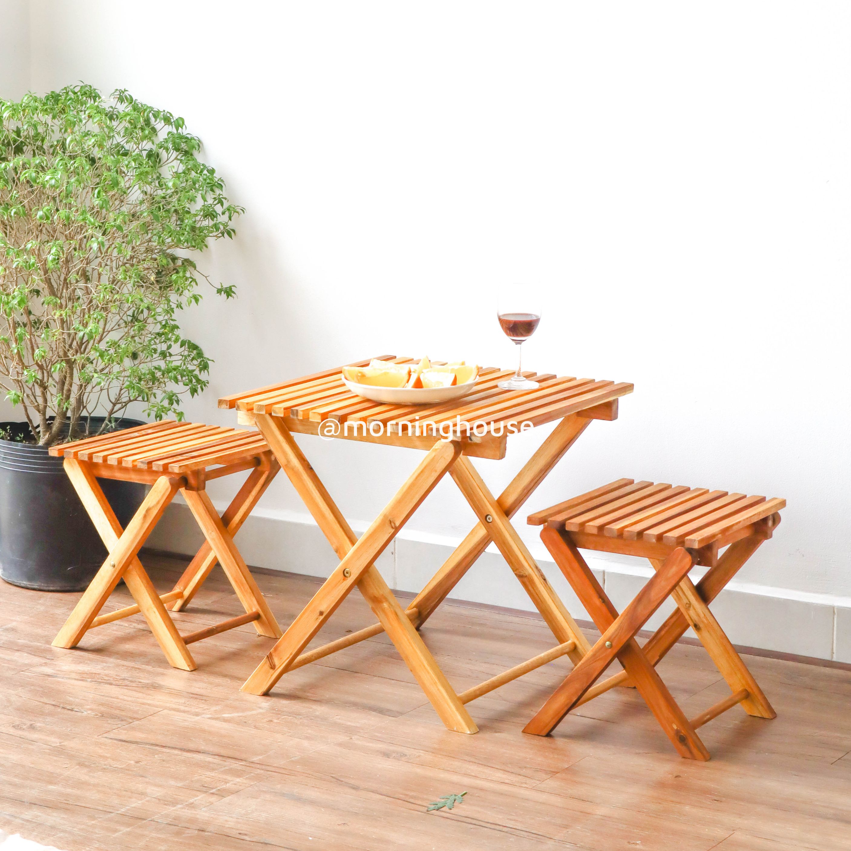 Bàn Ghế Gỗ Cafe Morning House- Có khả năng gấp gọn, tiện lợi đi dã ngoại, cắm trại, ngồi ban công chung cư uống café thư giãn - Bộ 1 bàn 2 ghế