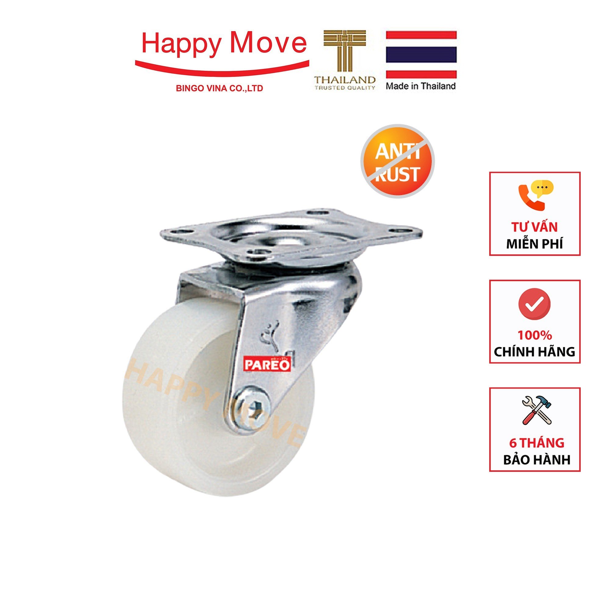 Bánh xe nylon tải nhẹ inox 304 càng xoay 360 độ 50-65-75mm - Happy Move Thái Lan