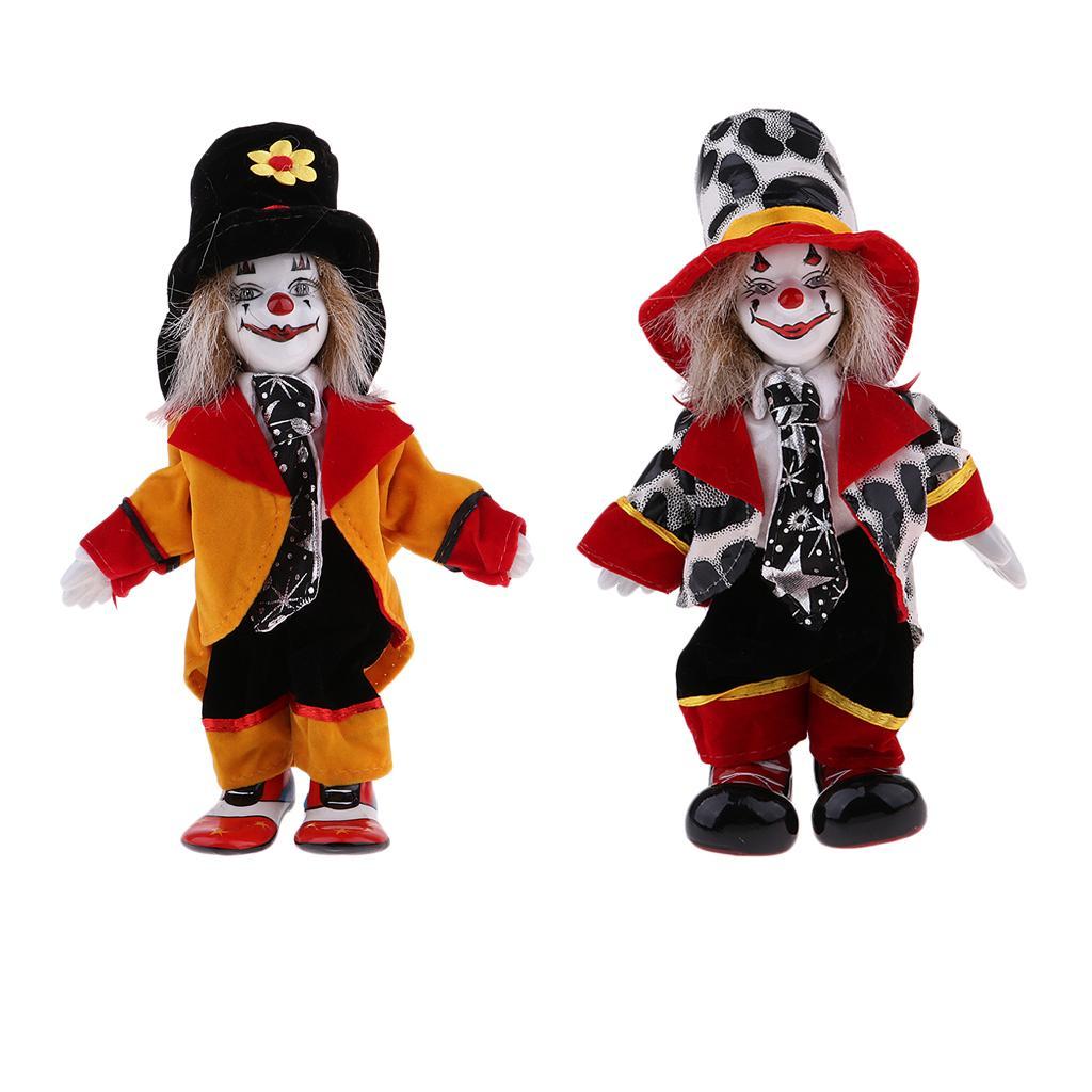 2pcs 7 Inch Porcelain Smiling Clown Doll Wearing Colorful Outfits, Funny Harlequin Doll, Circus Props, Halloween Decor