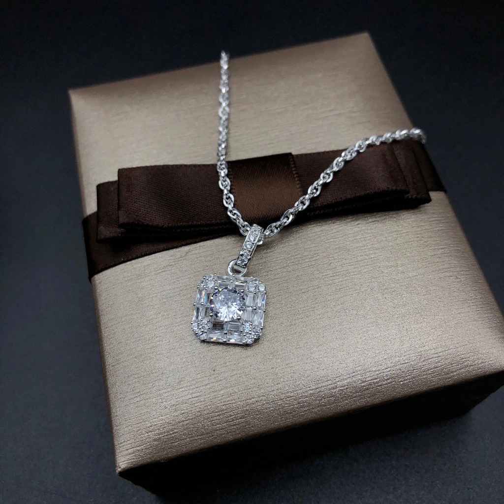 Dây Chuyền Vòng Cổ Bạc Ta Dây Xoắn Kép Và Mặt Vuông Đính Đá Cao Cấp BẠC HIỂU MINH DMD479