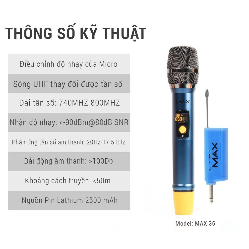 Micro không dây đa năng Max 36 Nâng cấp từ Max 19 Hút âm tốt, chống hú hiệu quả Sạc pin ngay trên mic Màn hình LCD