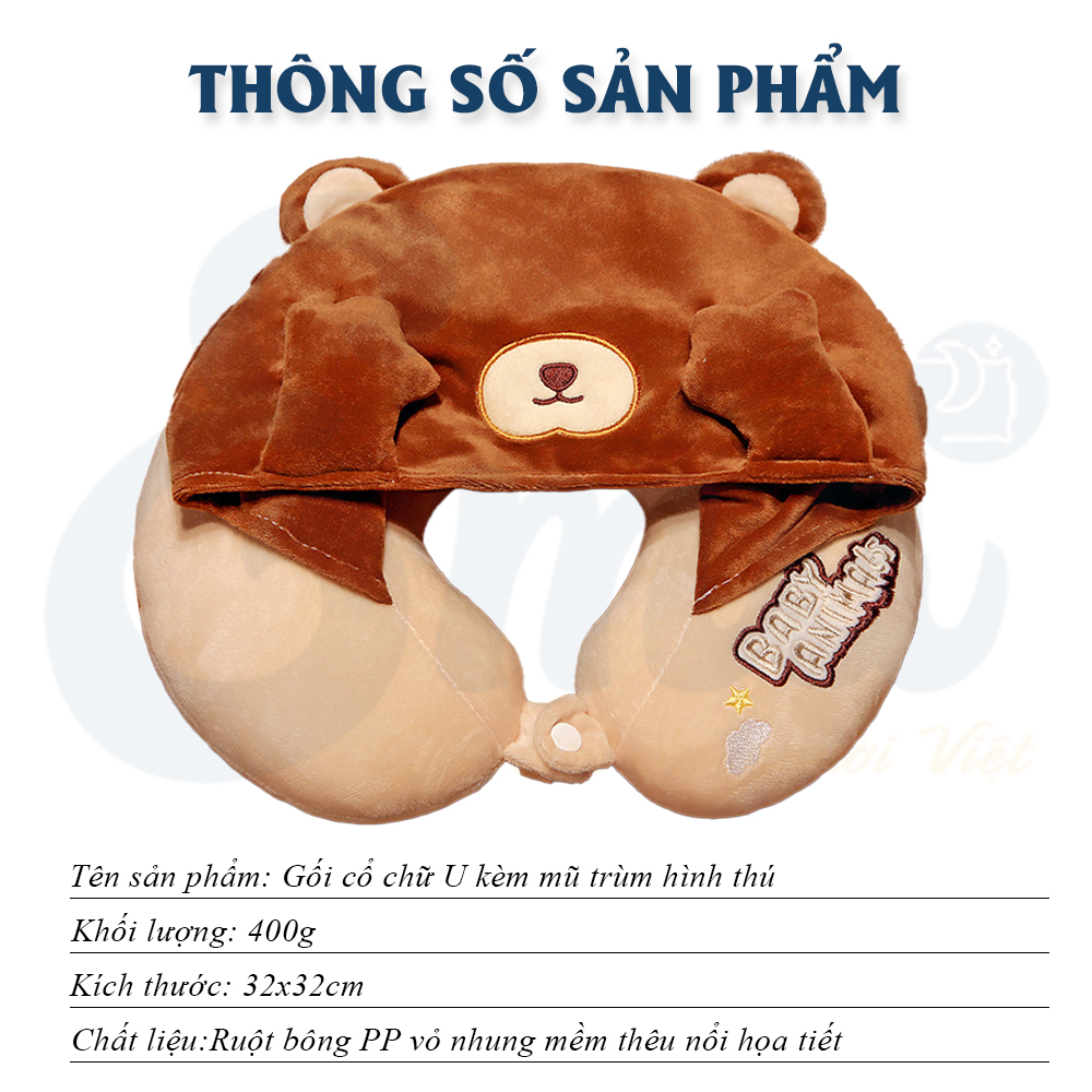 Gối chữ U hình thú có mũ trùm dễ thương cho dân văn phòng, tiện mang theo khi đi du lịch, tàu xe - Thương hiệu EMA