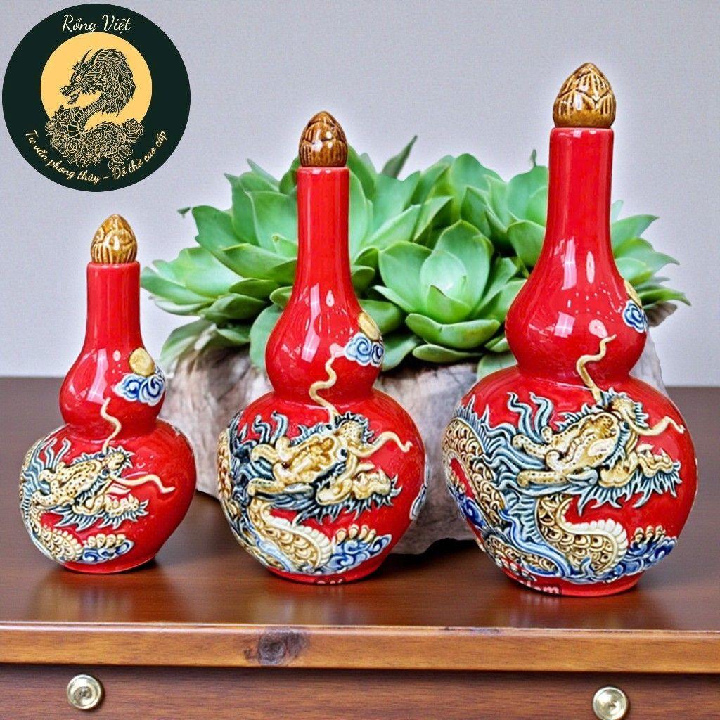 Nậm Rượu Bát Tràng Men Đỏ Cao Cấp RỒNG VIỆT – Họa Tiết Rồng, Sen, Đào Thọ, Đa Kích Thước