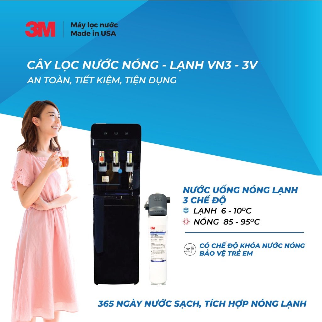 Máy Lọc Nước Nóng Lạnh 3M VN3-3V Màu Đen (Sử Dụng Bộ Lọc 3M BREW120-MS) - Hàng Chính Hãng