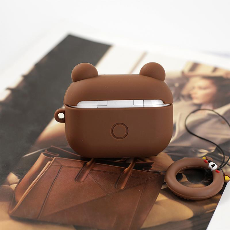 Airpods Pro Case Ốp Bảo Vệ Cho Airpods Pro Hình Gấu Line Nâu _Tặng Kèm Móc Khóa Dây Da