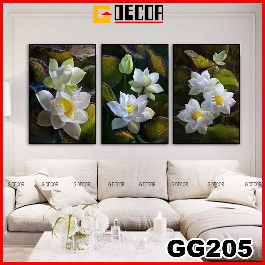 Tranh treo tường canvas 3 bức phong cách hiện đại Bắc Âu 205, tranh hoa sen trang trí phòng khách, phòng ngủ, phòng ăn