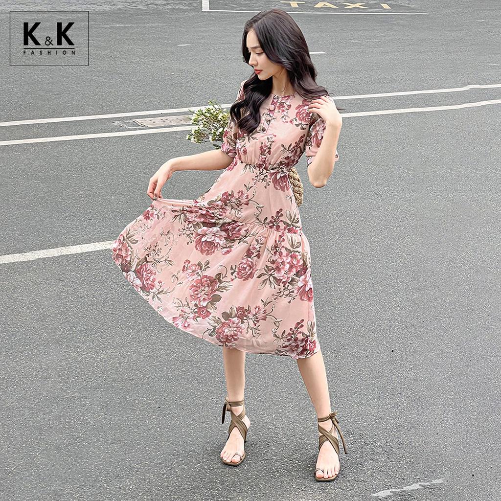 Đầm Xòe Nhấn Eo Họa Tiết Hoa Tay Lỡ K&amp;K Fashion KK120-25 Chất Liệu Voan Hàn