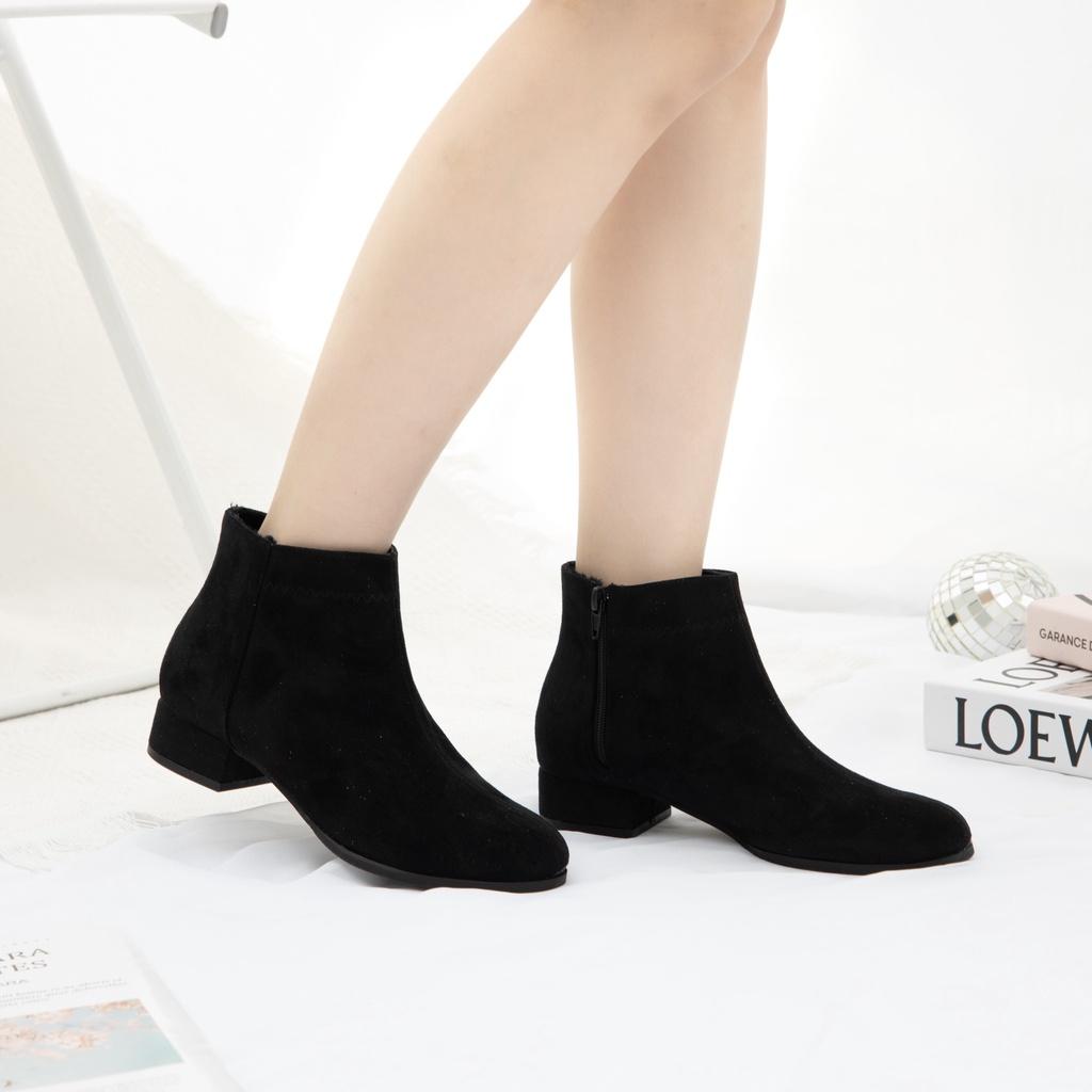 Giày Boots Nữ thời trang MWC Boots cổ thấp gót vuông 3p màu đen basic siêu HOT NUBO- 9104