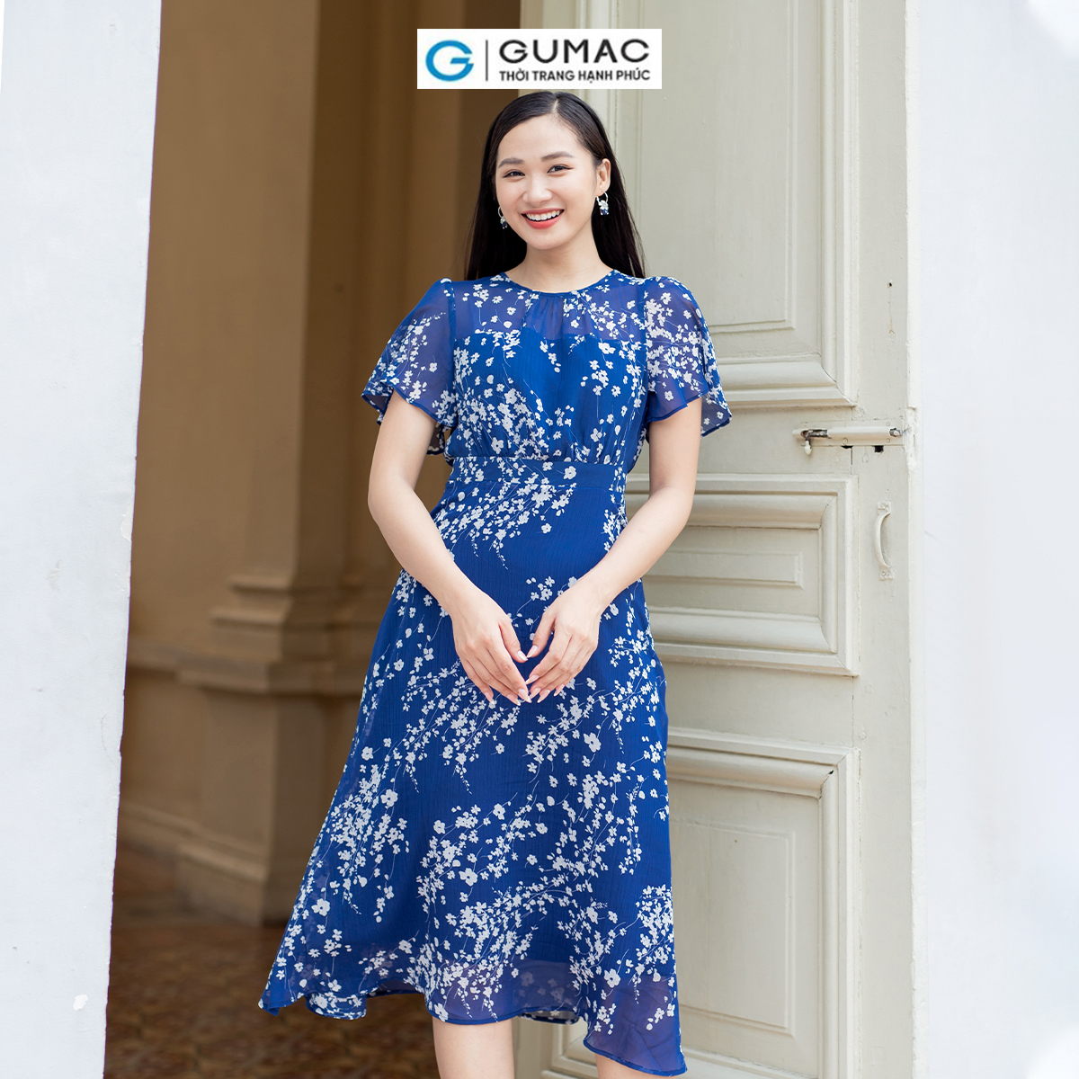 Đầm A xòe họa tiết hoa nữ tính thanh lịch thời trang GUMAC LDD0701