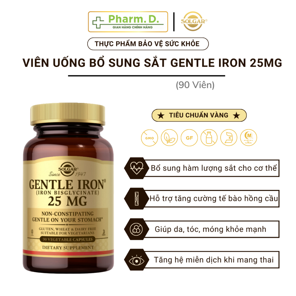 Viên Uống Solgar Gentle Iron 25mg Bổ Sung Sắt, Bổ Máu, Tăng Cường Tế Bào Hồng Cầu, Hỗ Trợ Sức Khỏe Phụ Nữ Mang Thai