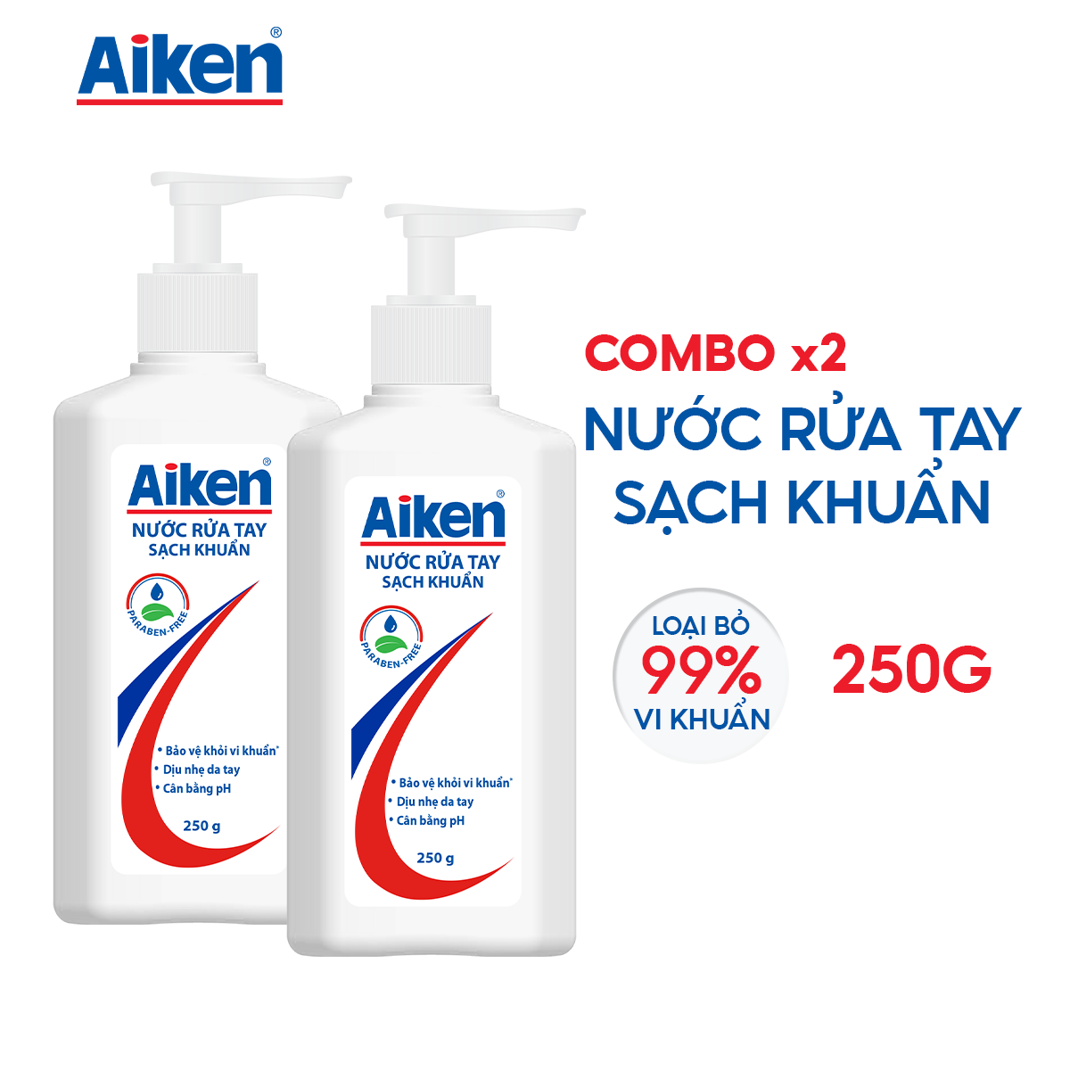 Combo 2 Nước Rửa Tay Xà Phòng Sạch Khuẩn Aiken 250G/chai