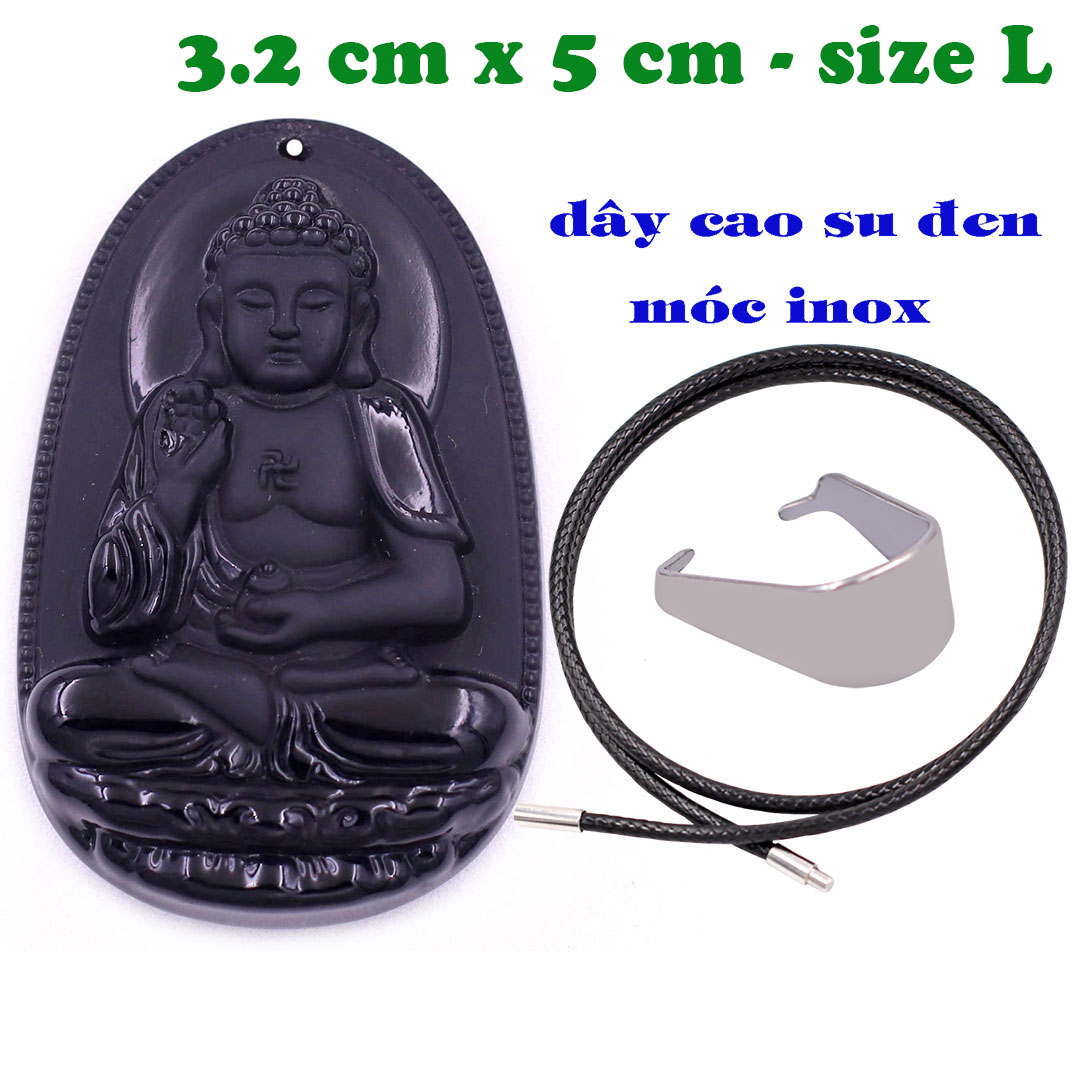Mặt Phật A di đà đá thạch anh đen 5 cm kèm vòng cổ dây cao su đen - mặt dây chuyền size lớn - size L, Mặt Phật bản mệnh