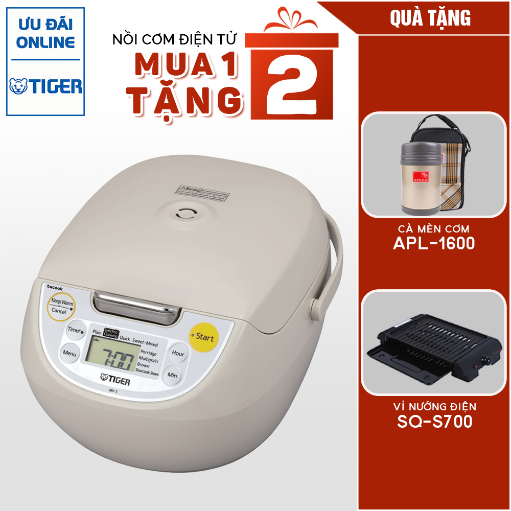 Nồi cơm điện tử Tiger JBV-S18W TẶNG Hộp Cơm Giữ Nhiệt Apollo APL-1600 + Vỉ nướng điện Tiger Queen SQ-S700 - Hàng Chính Hãng