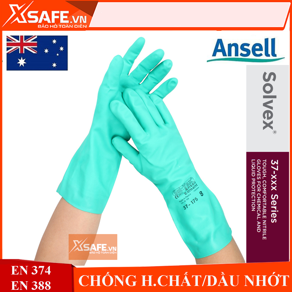 Găng tay chống hóa chất Ansell 37-175 chống hóa chất - dầu nhớt - Axit / cotton thấm hút mồ hôi - tái sử dụng nhiều lần