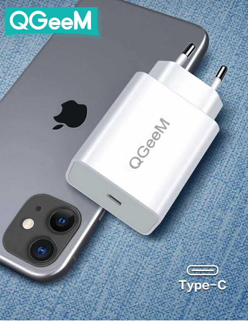 Adapter Sạc 1 Cổng USB Type-C 20W QGeeM cho iPhone 12/12 Pro Max/12 Mini, 11 Pro Max/SE/XS/XR/8, iPad Pro, Pixel 3/4/5, Galaxy S10+/S10/S9, LG-White-Hàng chính hãng