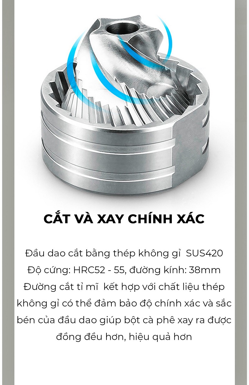 Cối xay tay M2 pro cà phê lưỡi thép CNC thân nhôm khắc vân kim cương CAFE DE KONA