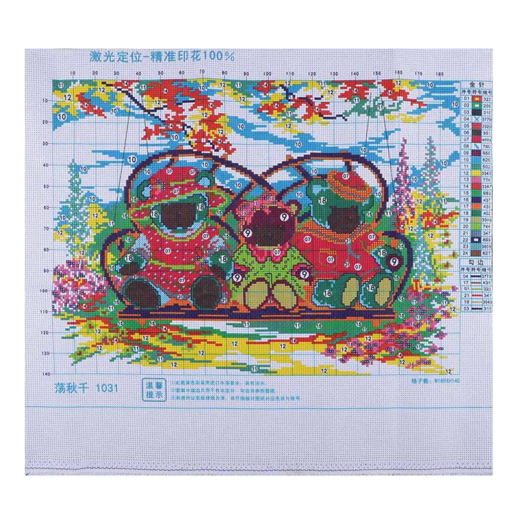 Bears on Swing Cross Stitch Stamped Kit Pre-Printed Pattern, 11CT Aida Fabric