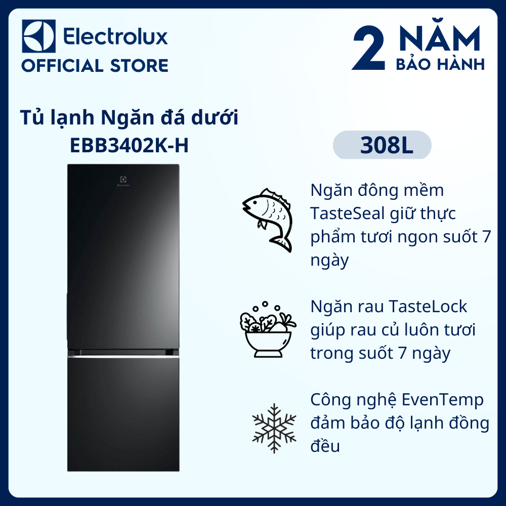 Tủ lạnh Electrolux Inverter ngăn đá dưới có ngăn đông mềm 308 lít - EBB3402K-H - Khử mùi diệt khuẩn, khay đá xoay, khay kim loại cao cấp